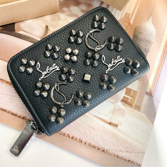 💖NEW💖‎ Christian Louboutin Panettone Zipper Coin Case Black Studs Leather - Picture 2 of 6